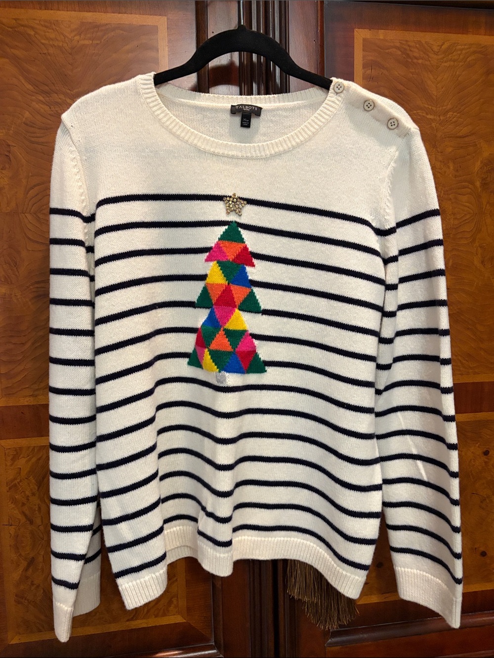 Talbots White & Navy Striped Sweater with Colorful Geometric Tree